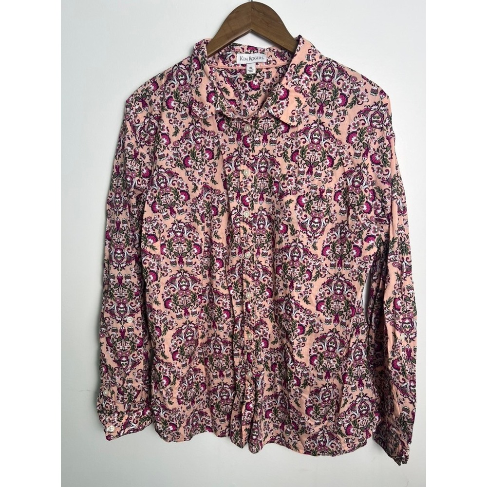 Kim Rogers Wm XL Pink Purple Floral Paisley Button Top Shirt Long Sleeve